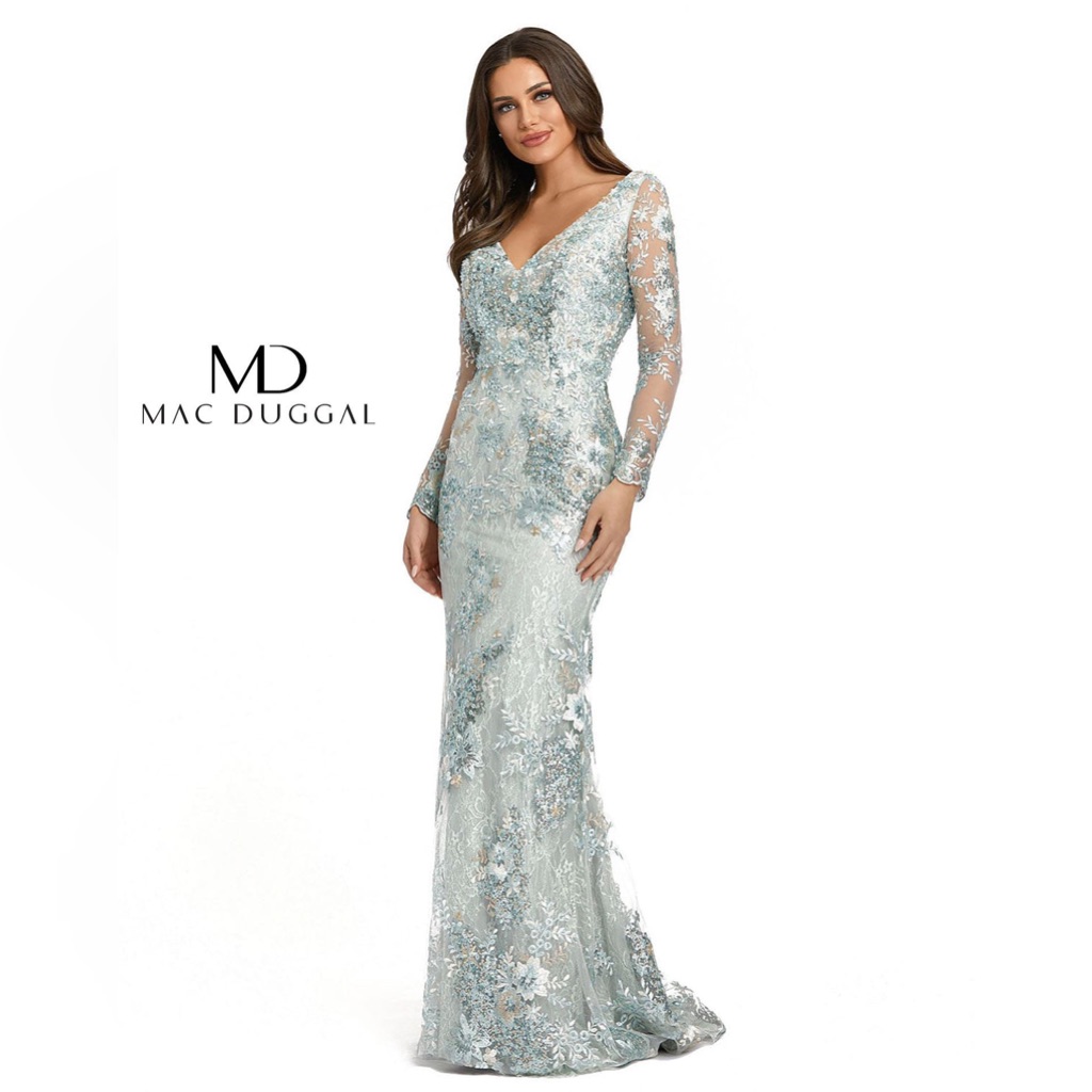 Mac Duggal 67539 Seamist Embellished V-Neck Illusion Long Sleeve Gown Size 12